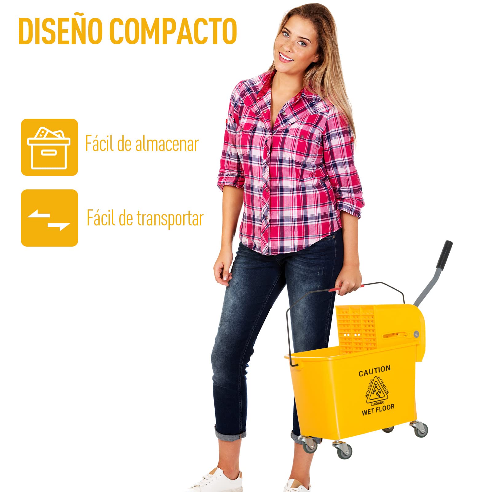 Homcom 720-002: fregona con ruedas, 20 l, escurridor y separador de agua (limpia, sucia), color amarillo, 63 x 27 x 67 cm | Lavado Cubo del Hogar, Separador Agua Sucia Limpia