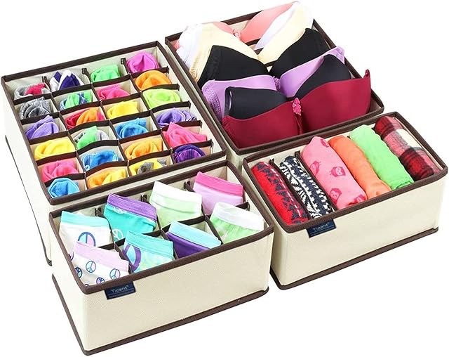 Ticent & Co Bra Underwear Drawer Organiser, Collapsible Closet Dividers and Foldable Storage Box for Socks, Neck Ties, Scarves, and Handkerchiefs, Set of 4