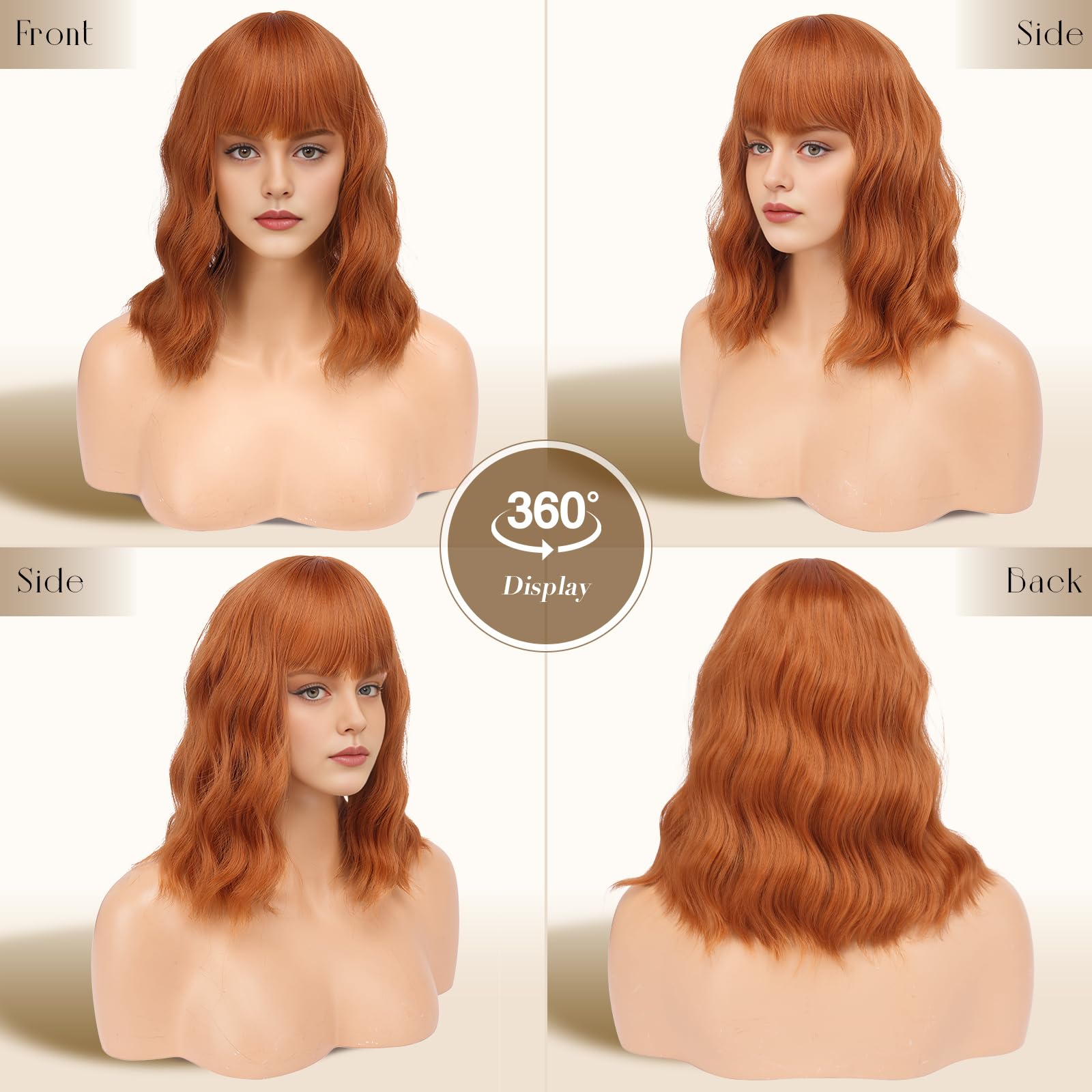 FESHFEN Perruque ondulée avec frange - 35 cm - Orange foncé - Longueur épaules dénudées - Cheveux synthétiques - Pour femme et femme - Pour le quotidien, le carnaval