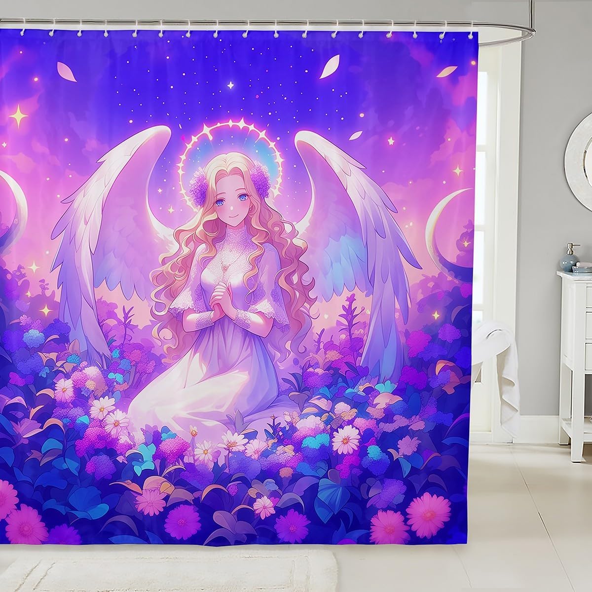 Japanese Style Girl Shower Curtain,Pink Cherry Blossom Tree Bathroom Curtain Kids Girls Women Bathroom Decor,Cartoon Anime Bath Curtain,Japanese Botanical Flower Waterproof Curtain,12 Hooks,72"Wx72"L image 5