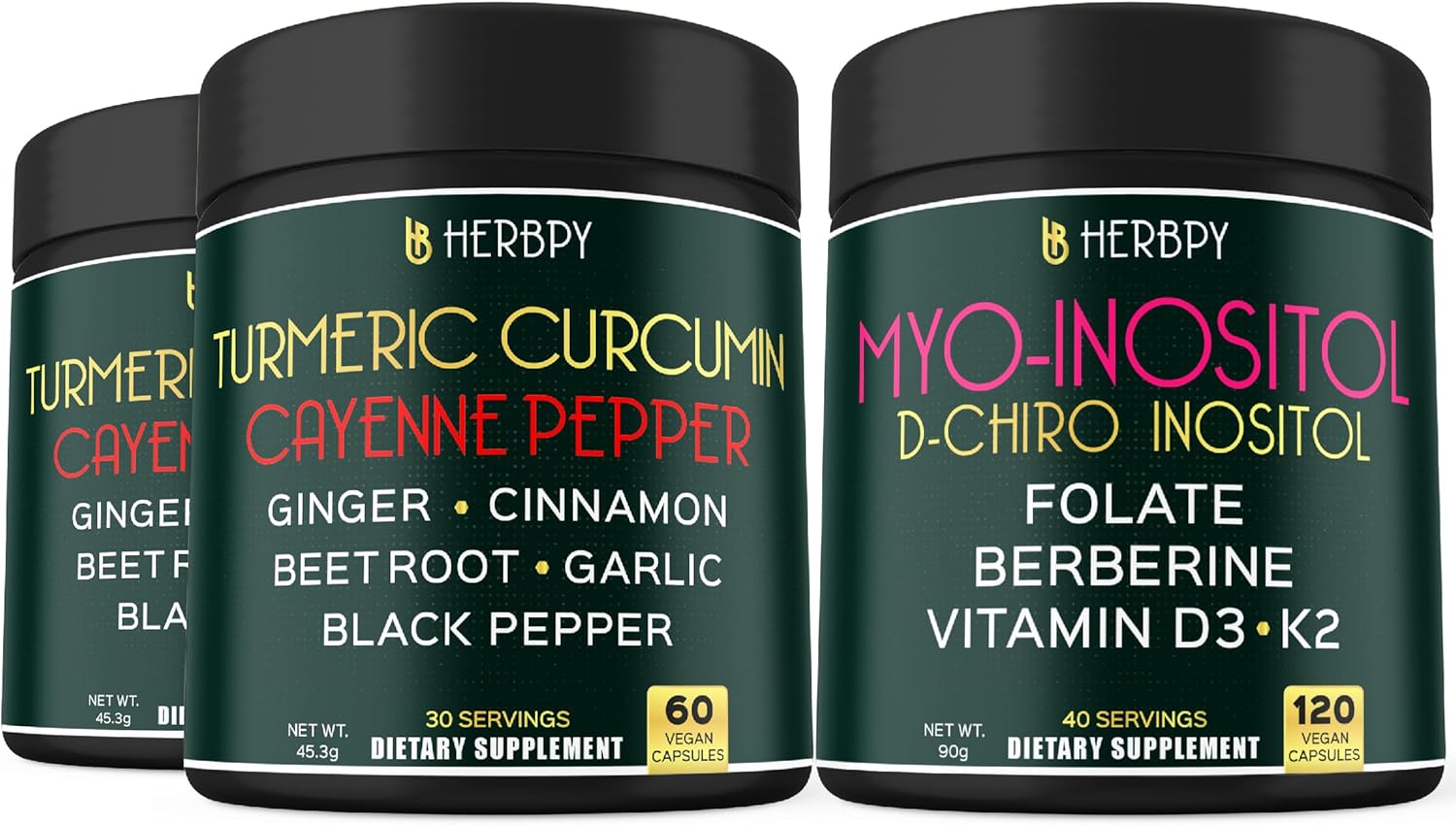 Herbpy Bundle 2-Pack 60 Count 7in1 Turmeric Curcumin Supplement & 6in1 Myo-inositol & D-Chiro Inositol Supplement for Women 120 Count - Digestion, Heart & Overall Health