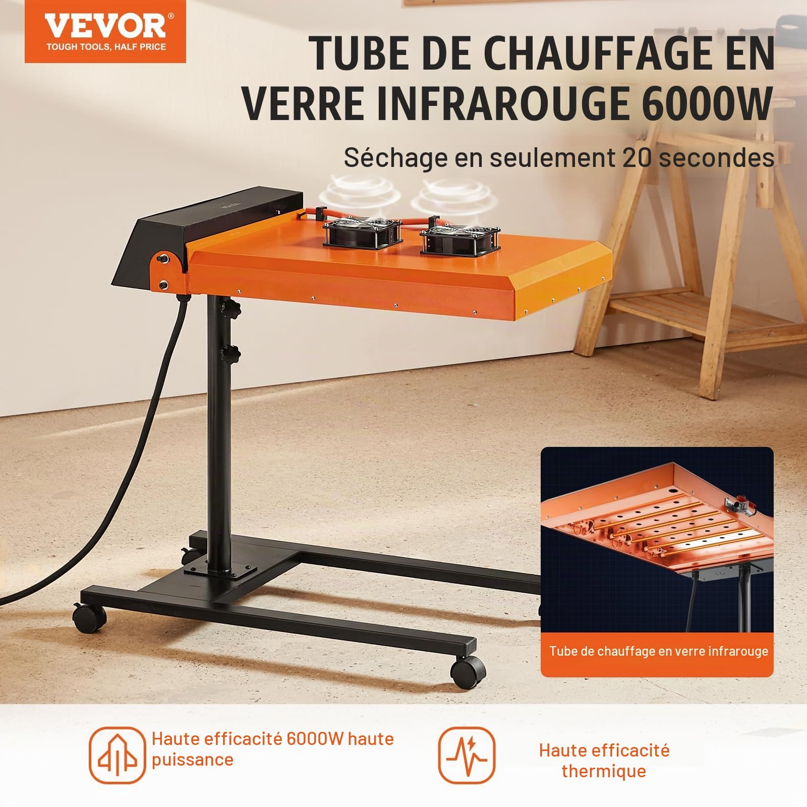 VEVOR Séchoir Flash pour Sérigraphie 6 kW, 48,5 x 54 cm, Séchoir de Sérigraphie Automatique, Temps de Séchage Réglable, avec Capteur, Hauteur Réglable, Refroidissement à Double Ventilateur, Atelier