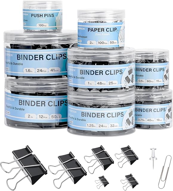 408 PCS Binder Clips Paper Clamps Assorted Sizes and Push Pins, Binding Paperwork Clamp Bulk, School Teachers Office Supplies (Black)
