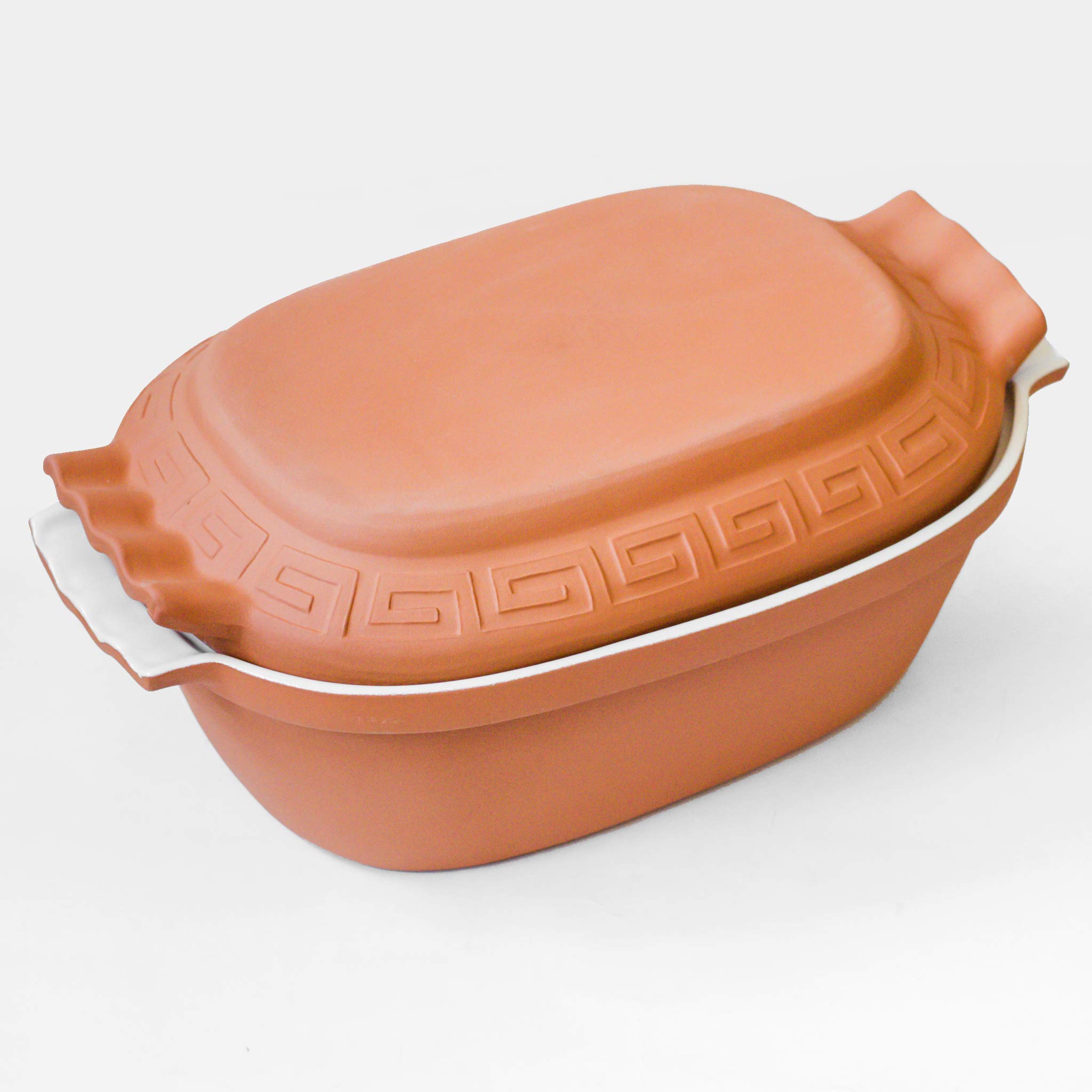 TerraStone Ovaler Bräter Hoch 42x27x17 cm mit Weißer Innenglasur aus Terrakotta