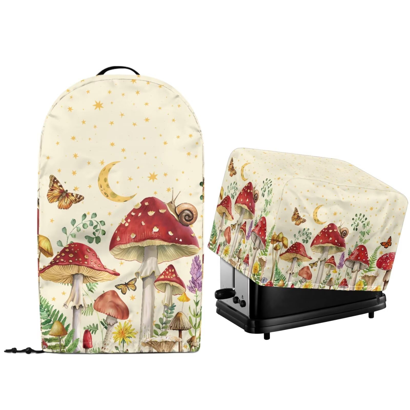2 Pcs Kitchen Appliance Dust Covers with Drawstring Hem for Countertop Stand Mixer Food Processor Blender and Toaster Maker Oven Protector Covers Mushroom Leaf Beige