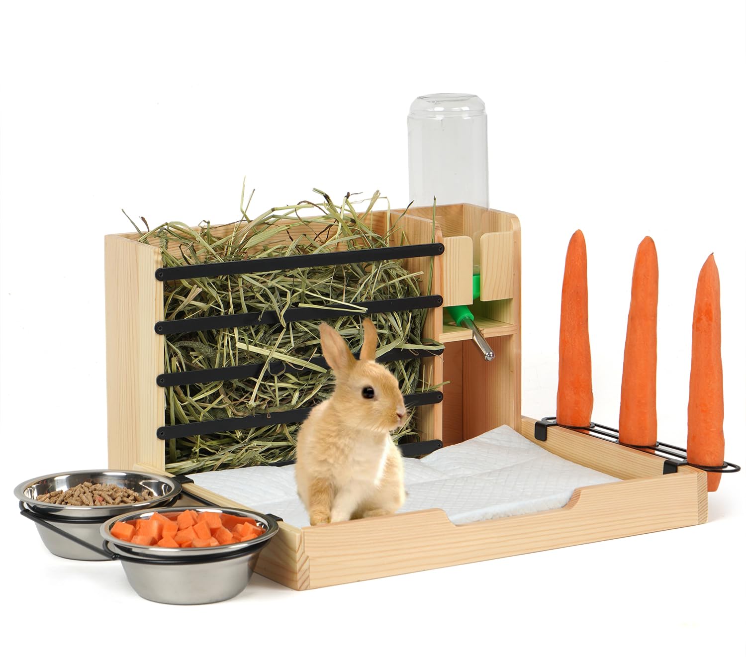 Grand râtelier à foin en bois pour lapin, mangeoire avec gourde, 2 gamelles, support pour carotte et distributeur automatique de nourriture pour lapins nains, cochons d'Inde, hamsters