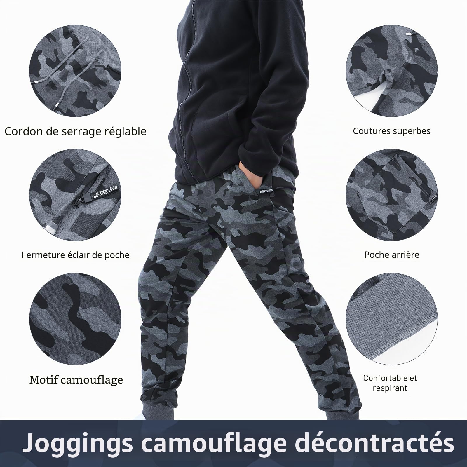 Bas de Survêtement pour Hommes, Joggings Camouflage avec Poche Zippée, Pantalons de Sport Respirants avec Taille élastique pour Course, Entraînement