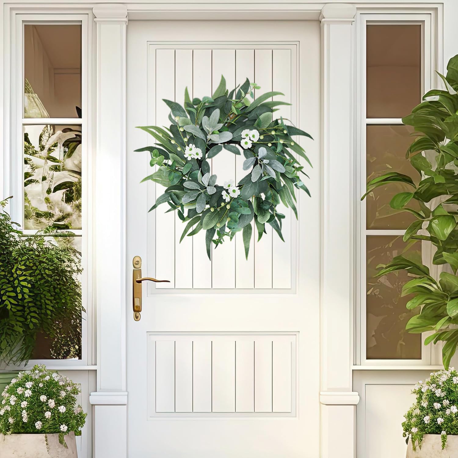 20" Green Eucalyptus Wreaths for Front Door with Lambs Ear White Flowers – Lifelike Spring, Summer, and Winter Wreath for Farmhouse Porch, Window, Door Decor