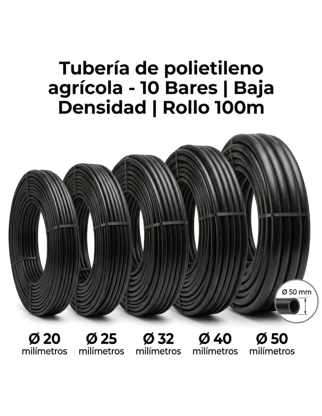 JARDIN202 - Tubería de polietileno agrícola - 10 Bares | Baja Densidad | Rollo 100m