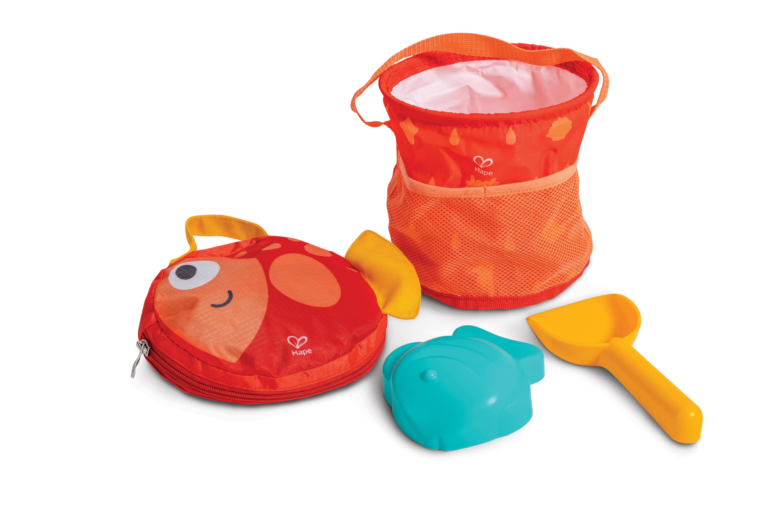 Hape Fold and Go Beach Set | Collapsible Canvas Bag with Waterproof Bucket, Fish Mold, and Spade | Lightweight Sand & Water Toy Set for Outdoor Fun | Beach Toys | Durable, BPA-Free | Ages 18M+