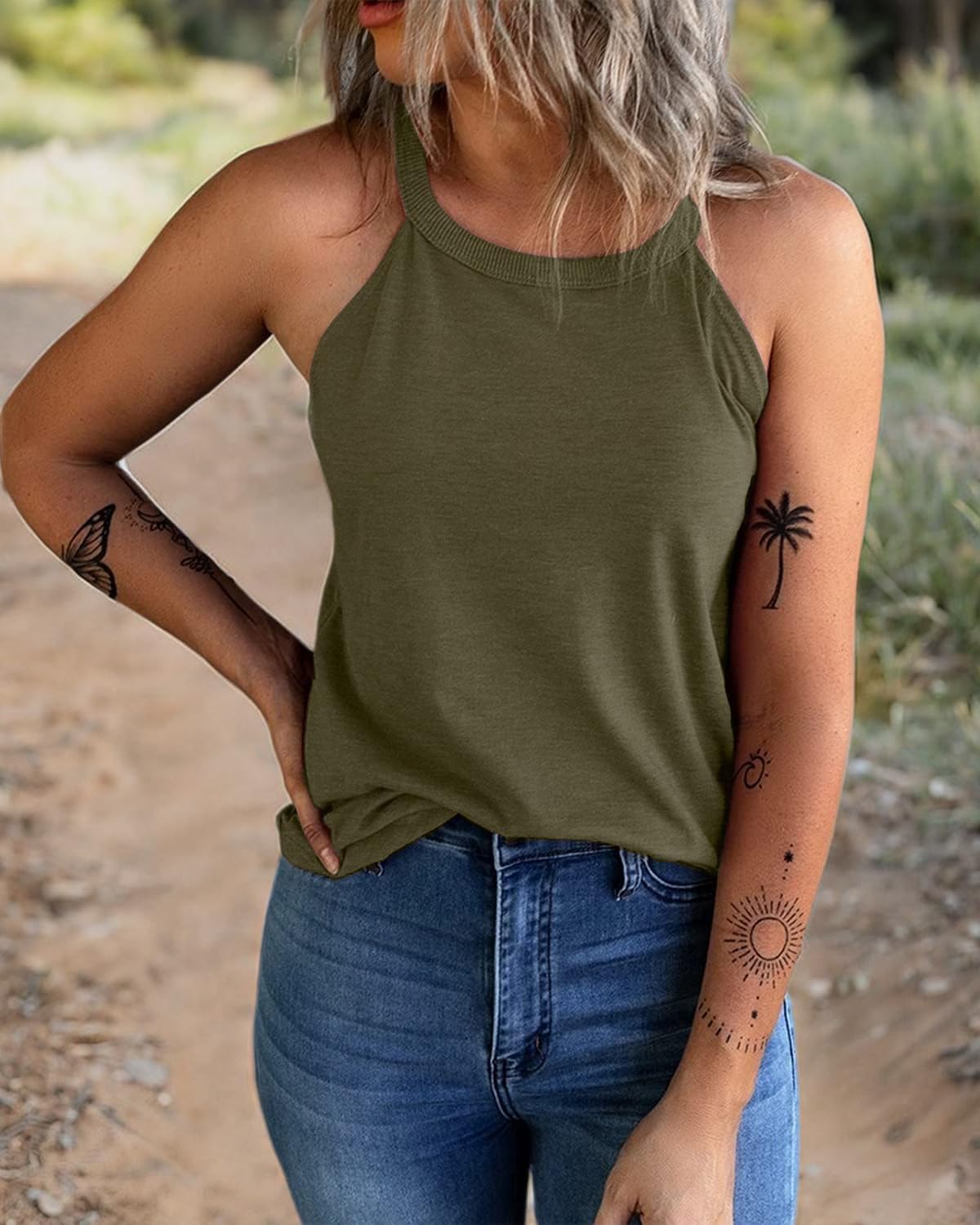 KINLONSAIR Women's Summer Sleeveless Halter Tee Shirts Crew Neck Workout Tank Tops Casual Plain Cami Shirts - Image 4