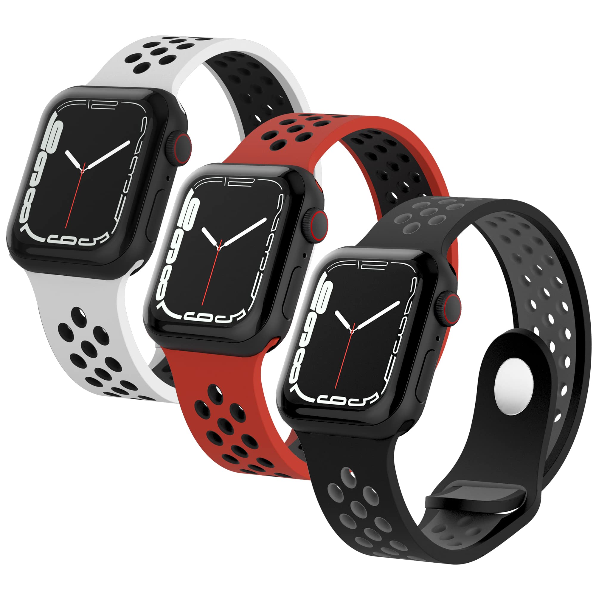 TALK WORKS Compatible with Apple Watch Band - 3-Pack Sporty Watch Bands Comfort Fit Adjustable Loop Closure Strap for iWatch Series 7,6,5,4,3,2,1,SE - White, Black, Red