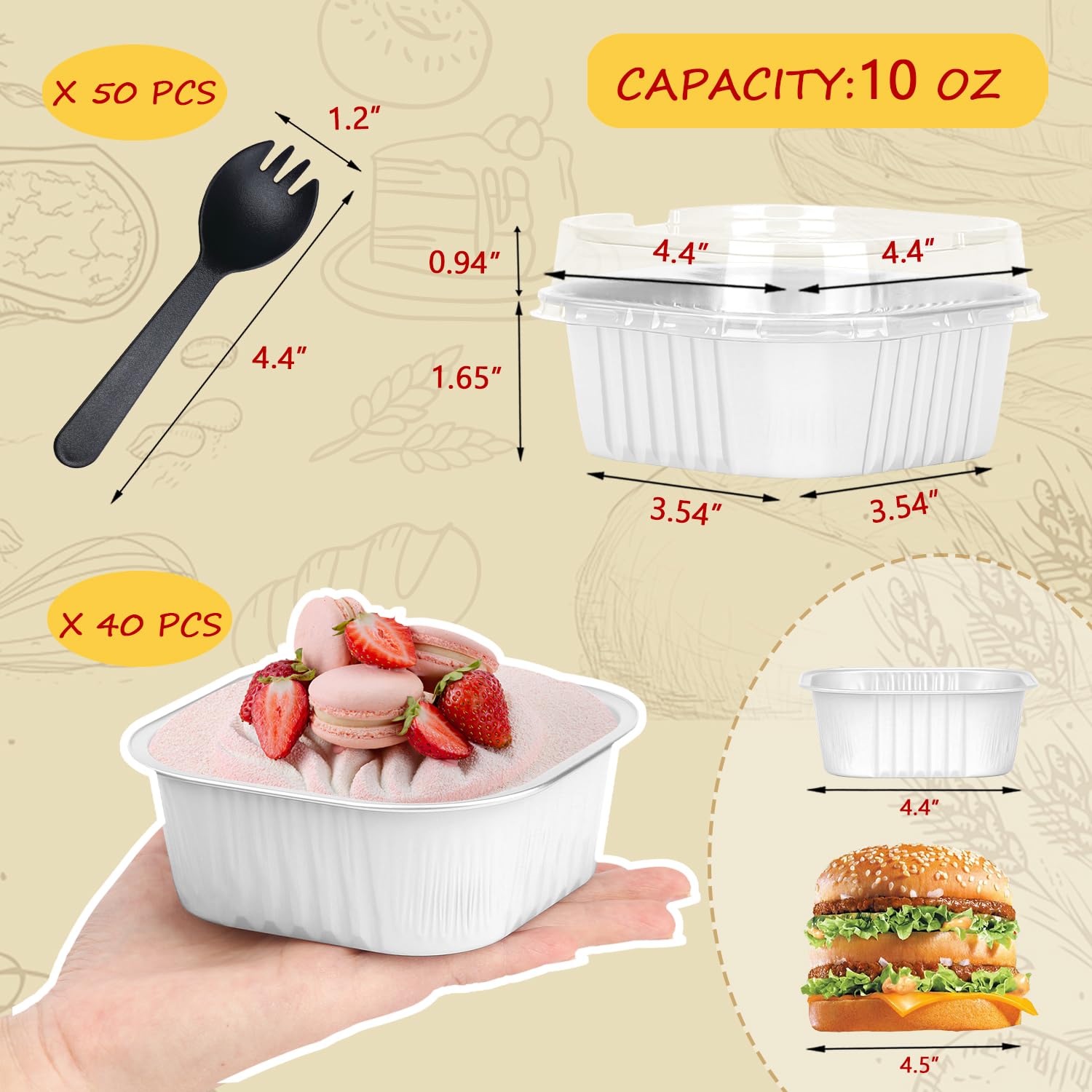 LNYZQUS Mini foremki do ciasta z pokrywkami i łyżkami, jednorazowe małe foliowe formy do pieczenia, 40 sztuk pojedynczych pojemników na ciasto dla piekarzy domowych - białe, kwadratowe 4 x 4