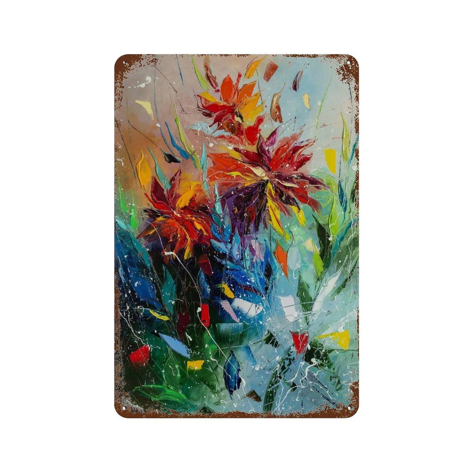 Red Flowers Aged Metal Wall Plaque 11.8"x7.9", Classic Wall Plaque for Garage, Pub Or Kitchen