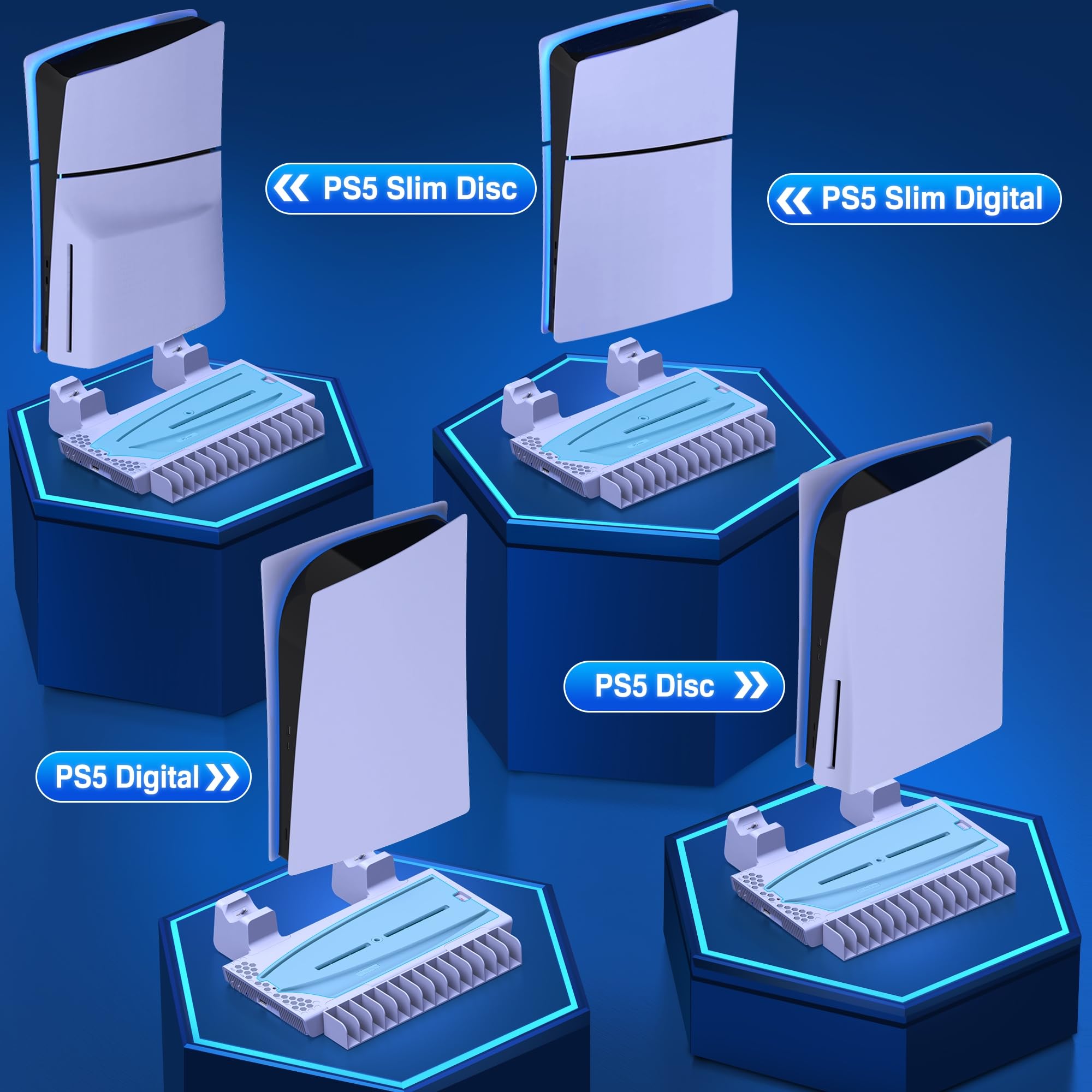 PS5 Ständer für PS5 Slim Konsole Neu, PS5 Standfuß mit 3-Stufig Kühler Lüfter Schnelle Abkühlung/PS5 Controller Ladestation/14 Spiele Aufbewahrung, PS5 Ständer für PS5 Slim Disc & Digital Konsole