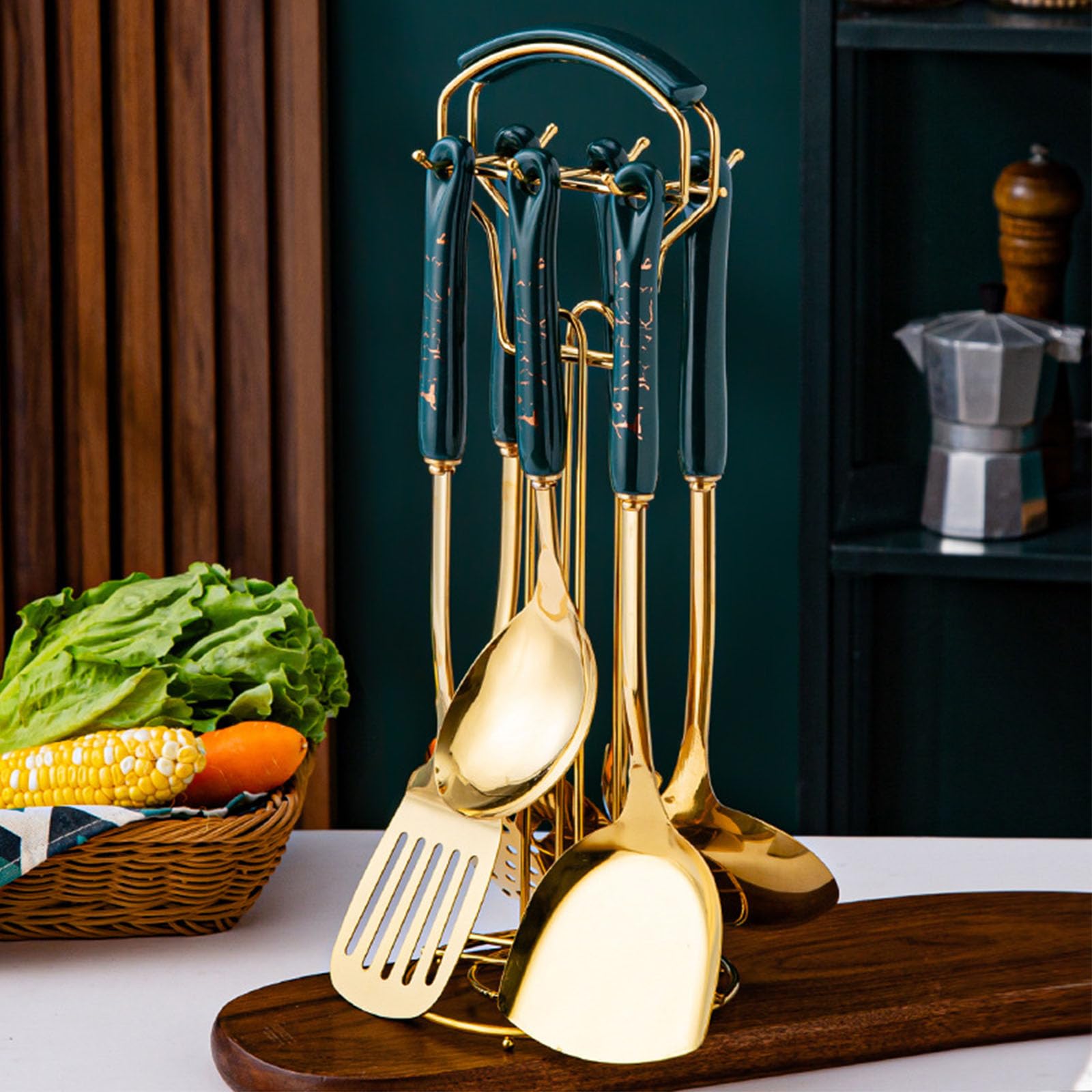 Set di Utensili Da Cucina, Set di Utensili Da Cucina Da 7 Pezzi, Set di Utensili Da Cucina in Acciaio Inossidabile Dorato con Portautensili, Include Spatola, Mestolo, Cucchiaio Per Pasta, Lavabile In