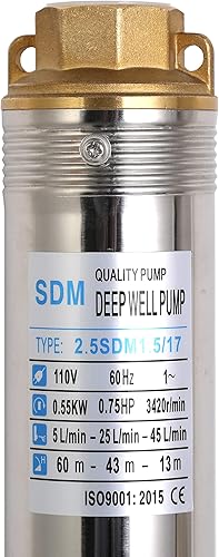 Miniatura 3 de Bomba de pozo profundo de 2.5 pulgadas, bomba de pozo sumergible de acero inoxidable de 110 V, 0.75 Hp, bomba de pozo de agua de alta elevación de