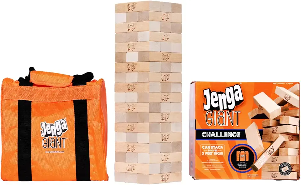 Limited-Time Edition Jenga Giant Challenge, Stacking Game with Tournament Chart &amp; Travel Bag, Party Game for Kids &amp; Adults, Stacks to 3 Feet