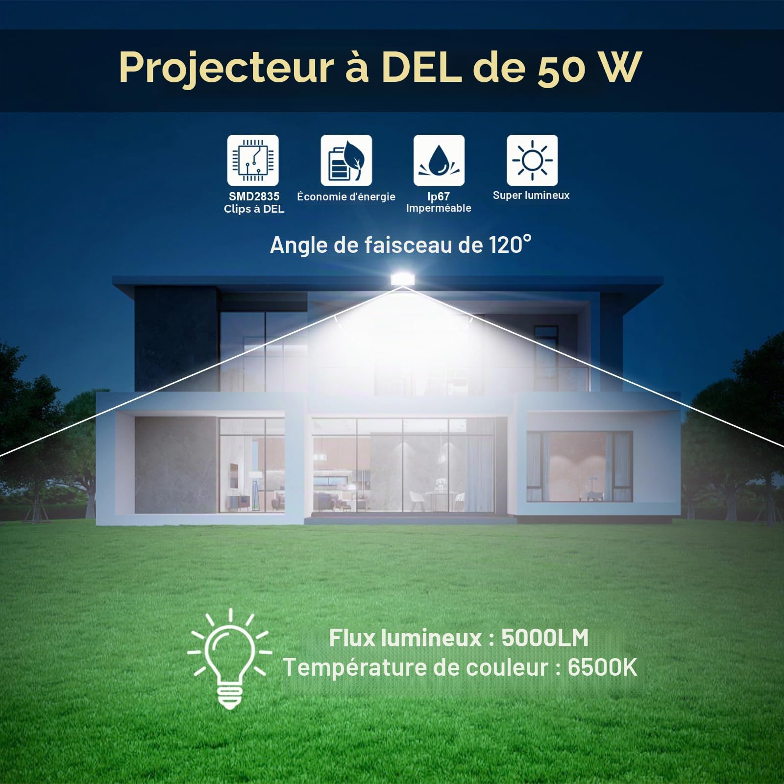 Projecteur LED Extérieur 50W - 5000LM Spot LED Extérieur Etanche IP67 6500K Blanc Froid 2 Pièce Phare Exterieur pour Jardin