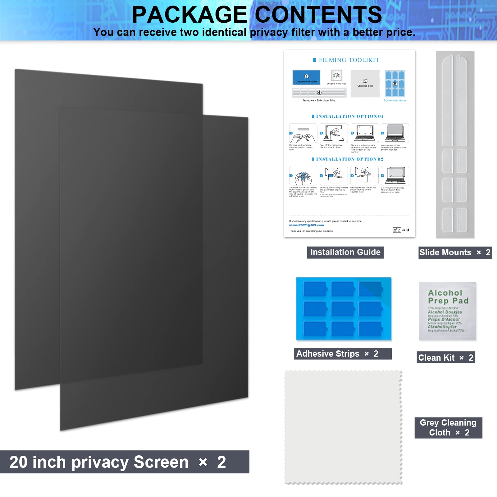 [2-Pack] 20 Inch Computer Privacy Screen Filter for 16:9 Widescreen Monitor, Removable Eye Protection Anti Glare Blue Light Filter Privacy Shield, Anti Scratch Anti Spy Screen Protector Film 20 In