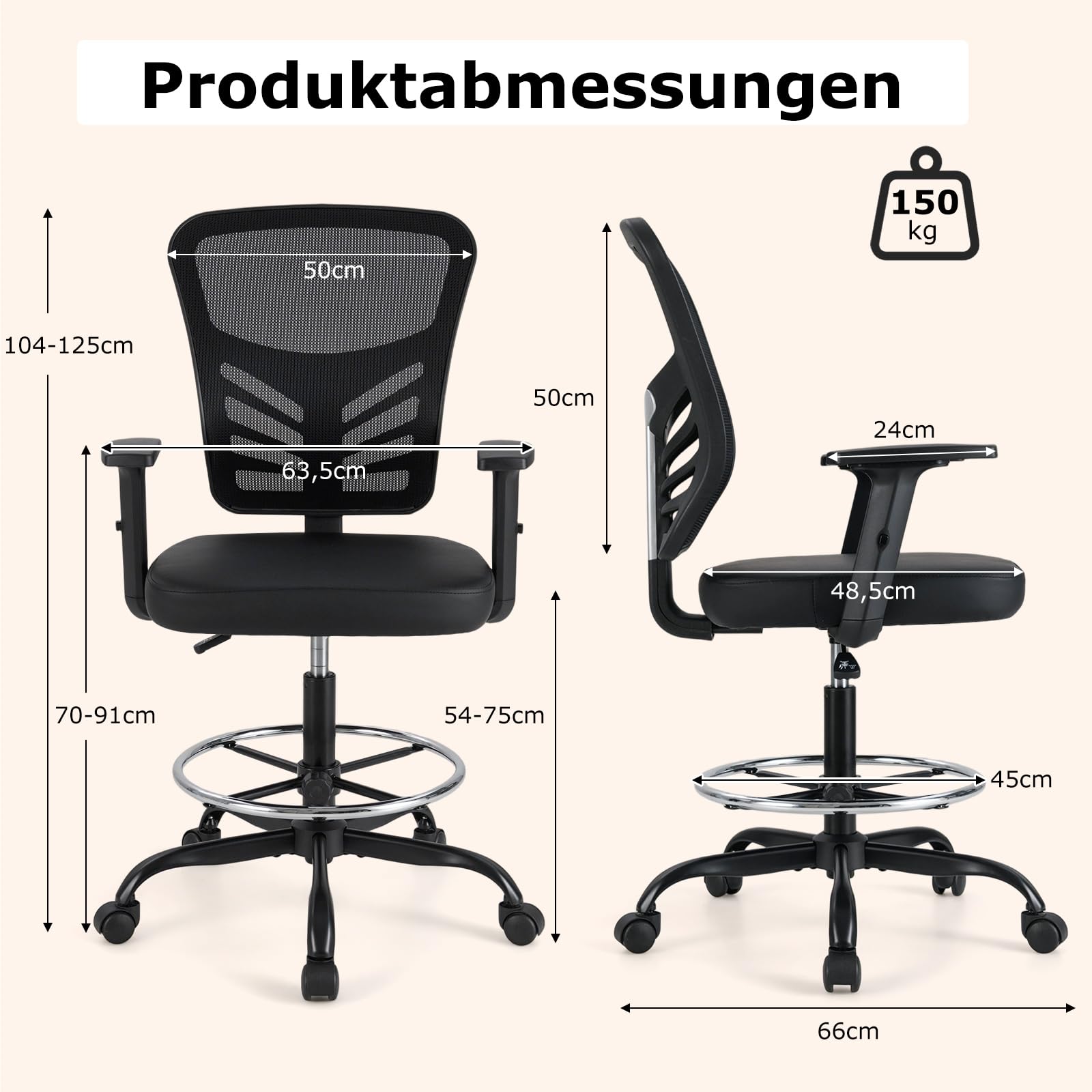 COSTWAY Arbeitsstuhl, Bürostuhl mit verstellbaren Armlehnen und Fußstütze, Sitzhöhe 54-75 cm, Hoher Drehstuhl, Computerstuhl, Schreibtischstuhl bis 150 kg Belastbar, Schwarz