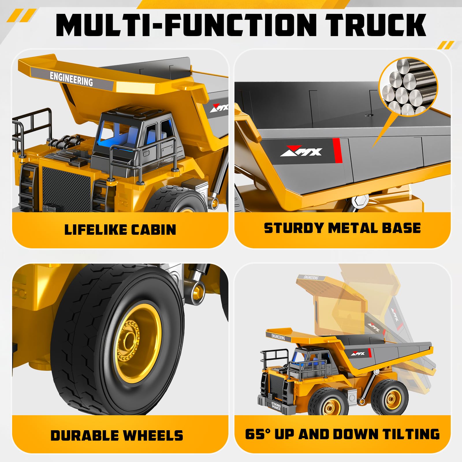 GraceDuck Excavadora Teledirigido y Camiones de Juguete para Niños – Kit 3 en 1 de Construcción con 2 Mandos, Camion Teledirigido Accesorios de Metal Juguetes de Playa, Regalo para Niños 6-12 Años
