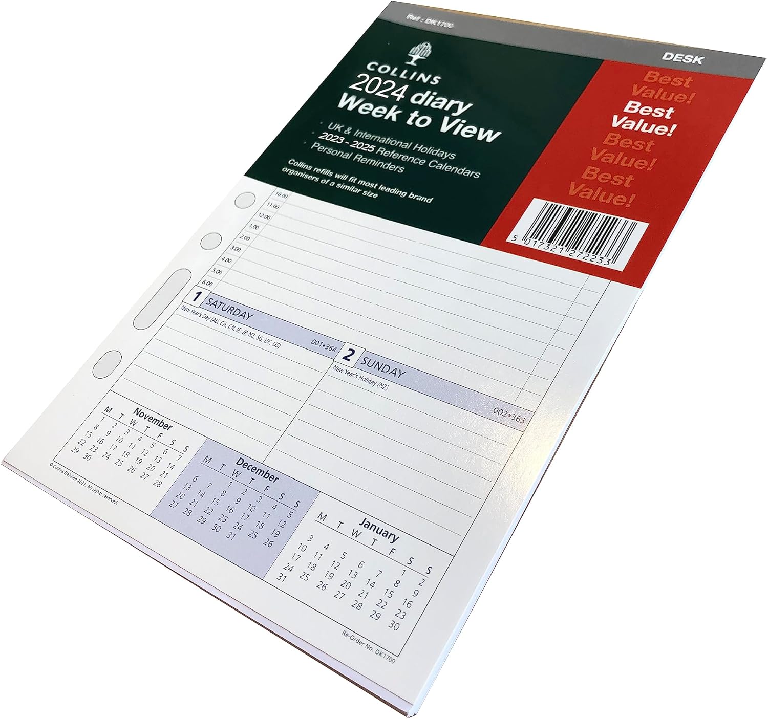 Collins 2024 Dayplanner Organiser Diary Organiser Refill Pad - Desk - Week to View with Appointments - 2024 Weekly Planner Refill