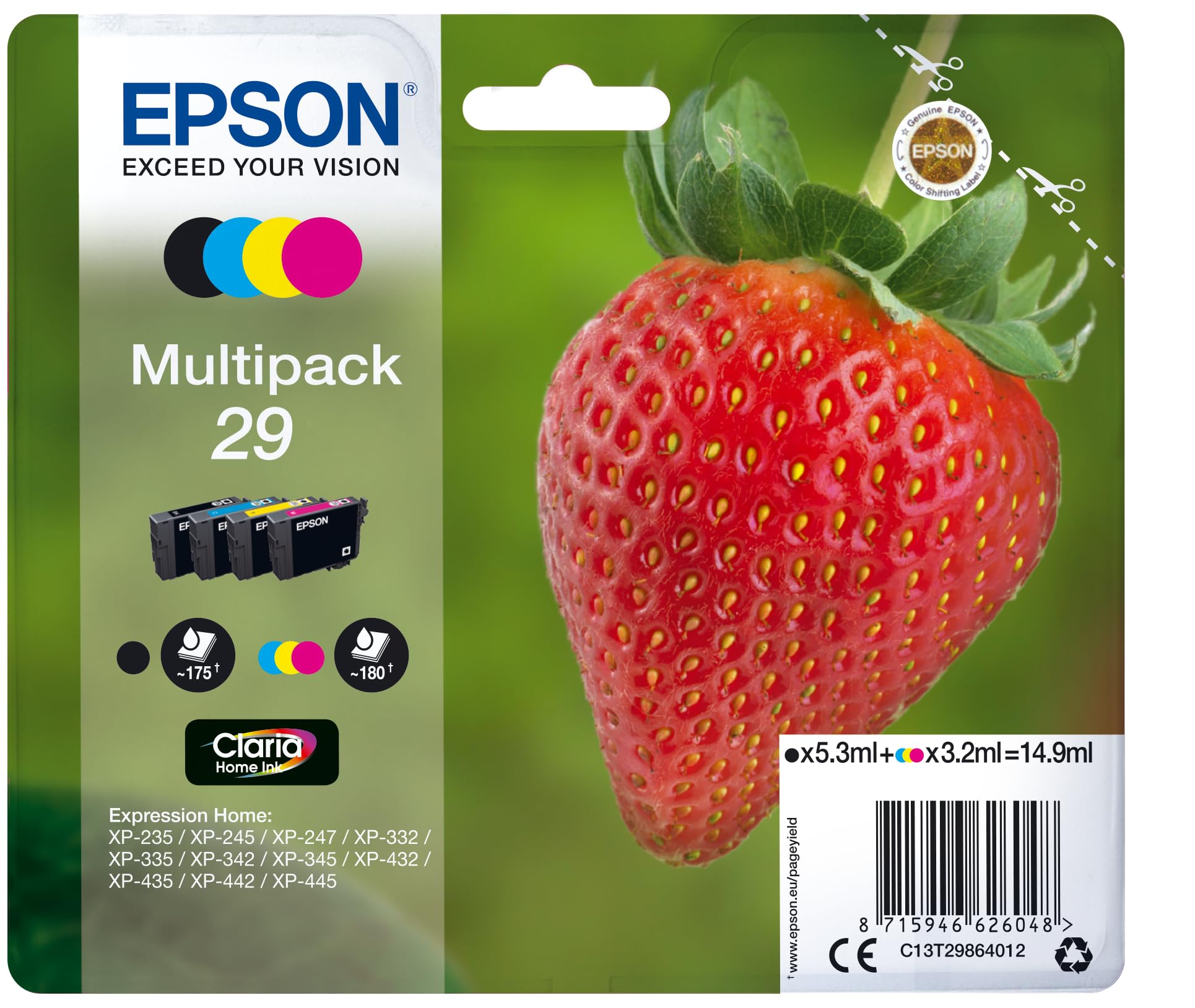 Epson 29 Strawberry Genuine Multipack, 4-​Colours Ink Cartridges, Claria Home Ink