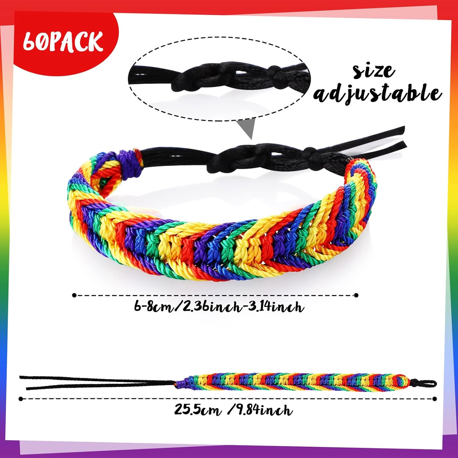 Crowye 60 Pcs Rainbow Pride Bracelets Adjustable Wristband Handmade Braided LGBTQ Jewelry for Women Men