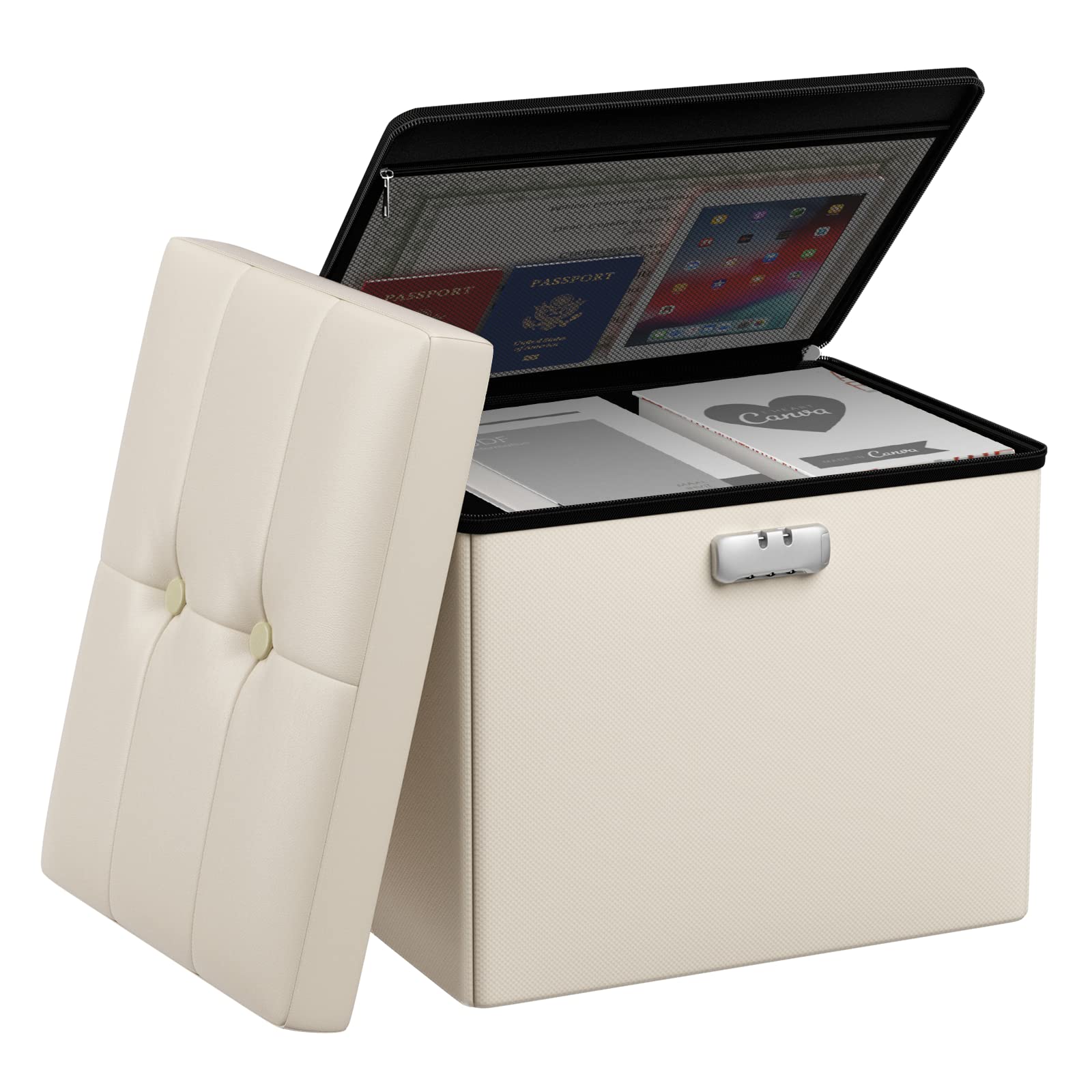 Tamfile Small Ottoman with Storage, 17 x 13 x 13 inch Fireproof Safe Folding Ottoman with Lock for Important Documents, Waterproof Foot Rest Stool