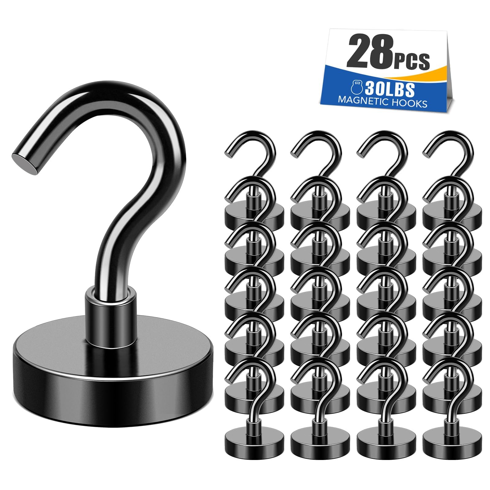 MIKEDE Magnetic Hooks 28P for Outdoor Hanging 30LBS Black | Strong Magnetic Cruise Refrigerator Hooks for Hanging, Kitchen, Garage, Classroom, Beach Vacation Kitchen Grills
