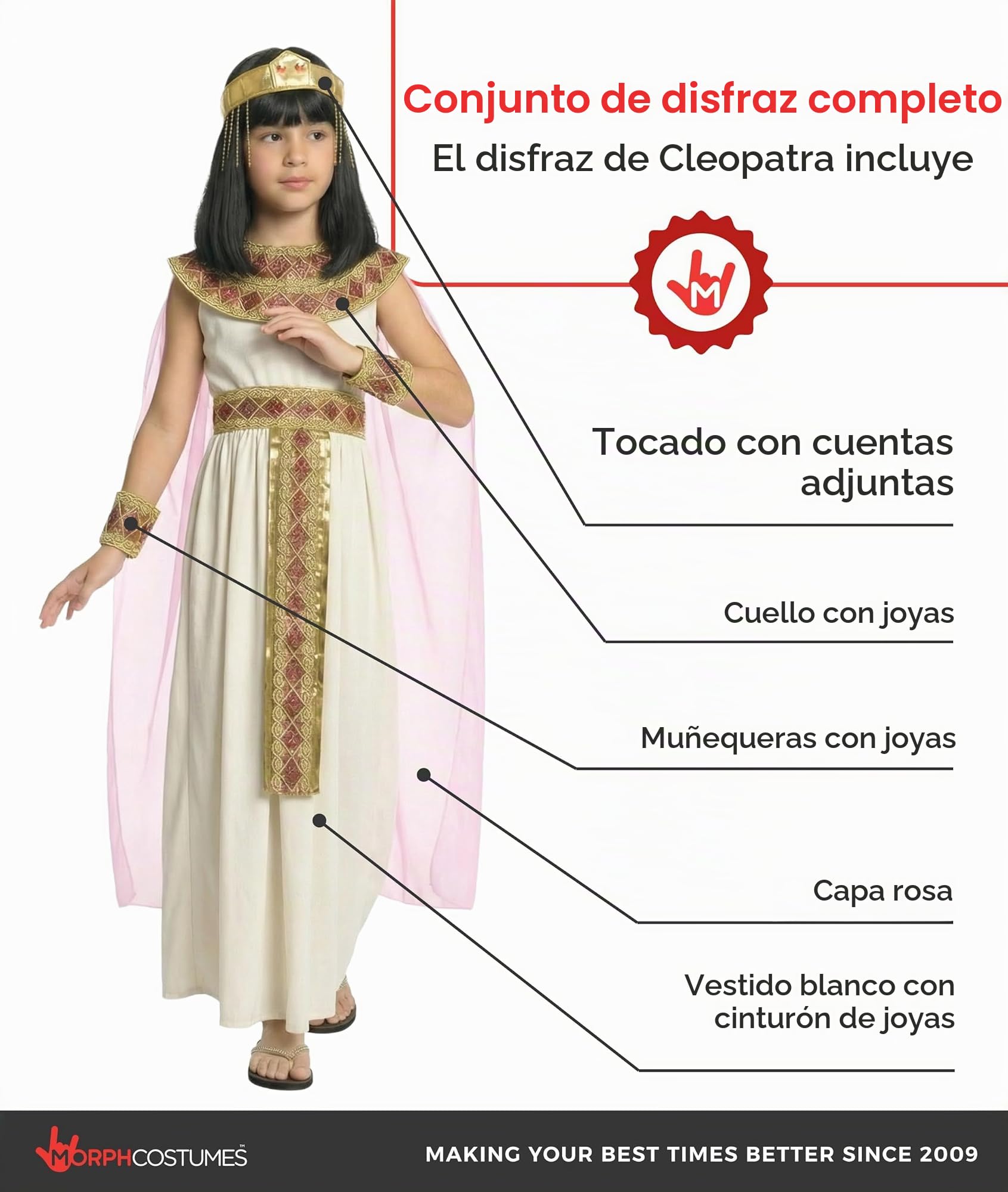Morph Disfraz Cleopatra Niña, Disfraz Egipcio Halloween Niña | Vestido, Capa, Collar & Tocado, Reina del Nilo, Cierre de Velcro, Perfecto para Halloween, Ideal para Juegos de Rol