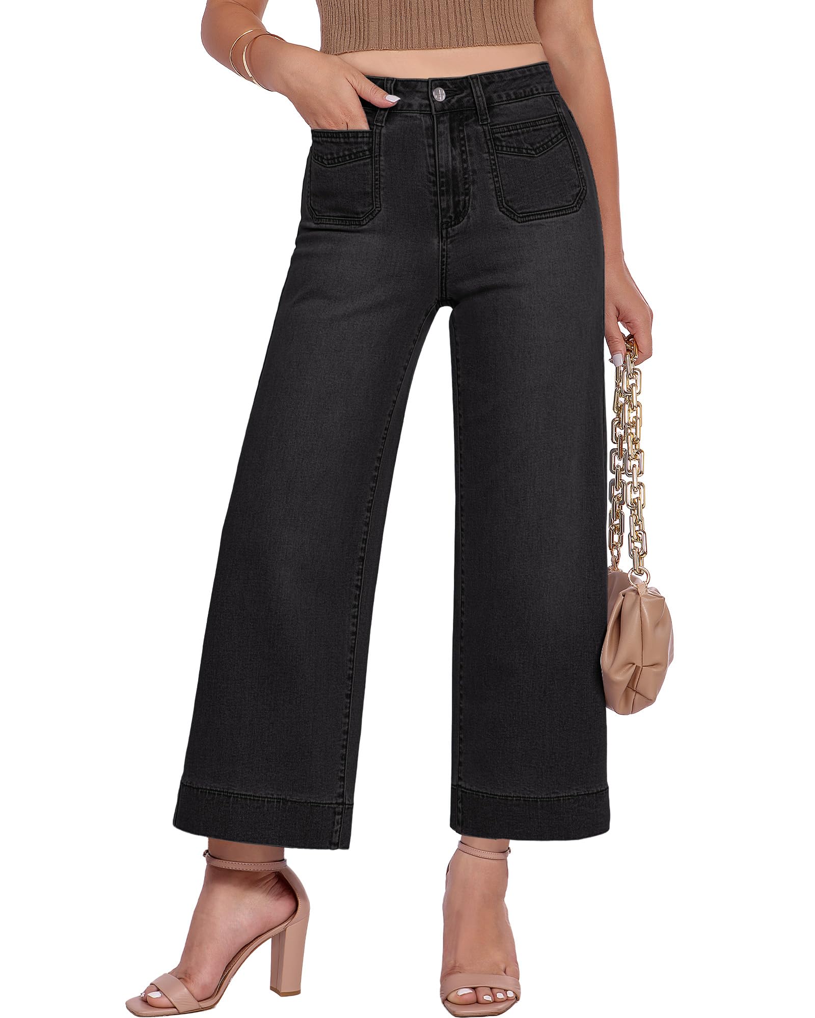 GRAPENT Cropped Wide Leg Patch Pocket