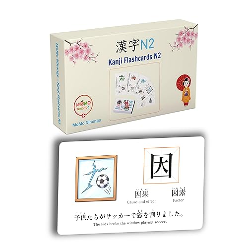 MoMo Nihongo N2 - Learn Japanese Flash Cards - Kanji JLPT N2 Flash Cards - 285 Cards - Learn Kanji with Easy to Understand Pictures - Kanji N2 English