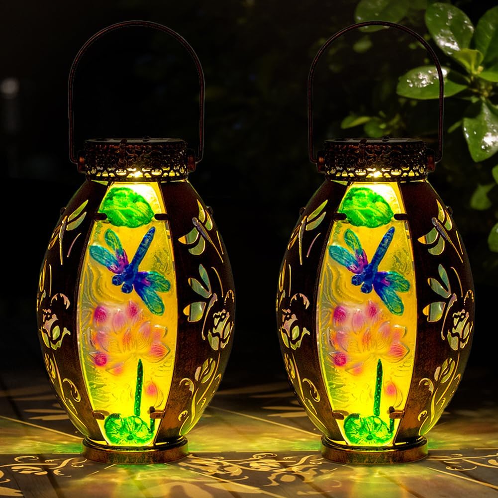 STARSOUL 2 Pack Solar Lantern Outdoor Waterproof, Hanging Solar Lantern for Patio Garden Yard Decor, Dragonfly Garden Decor, Dragonfly Gift for Women