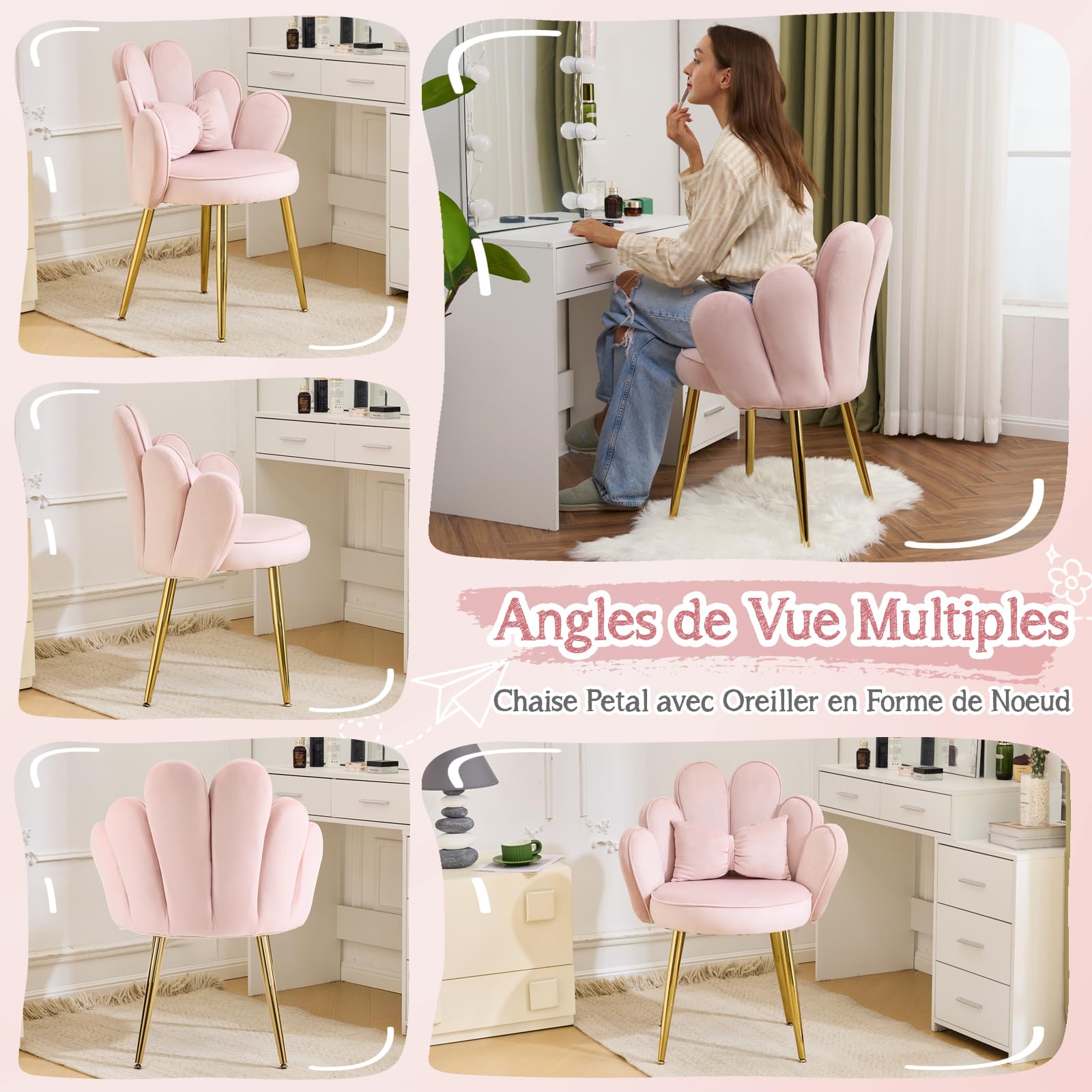 Bonnlo Fauteuil, Chaise Coiffeuse, Fauteuil Relax, Chaise de Bureau Ergonomique, pour Salon, Bureau, Chambre, en Velours, Rose, 69x45x83cm (Rose)