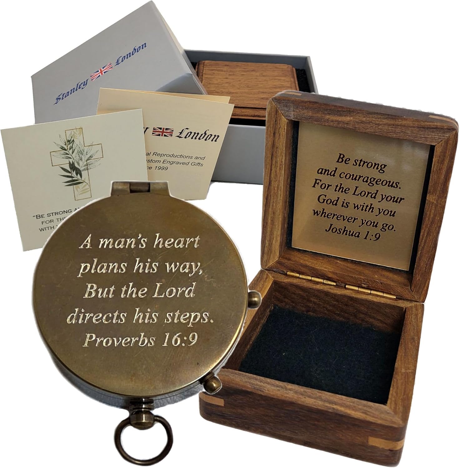 Proverbs 16:9 Engraved Confirmation Compass for Teenage Boys and Hardwood Box Personalized with Joshua 1:9 Brass Plaque | Religious Gifts for Men, Christian, Catholic, Baptism, Graduation