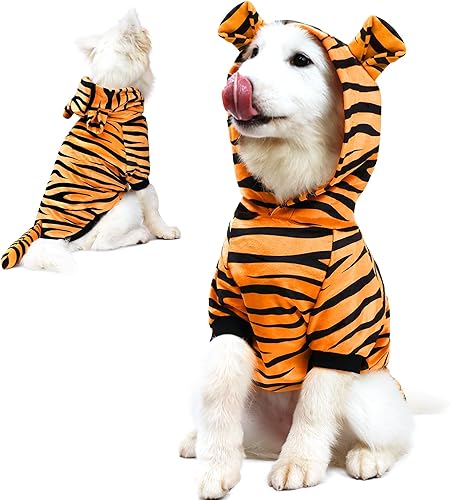 NACOCO Disfraz de tigre para perro de Halloween, ropa de cosplay para mascotas, abrigo de gato, sudadera con capucha, ropa cálida de invierno para