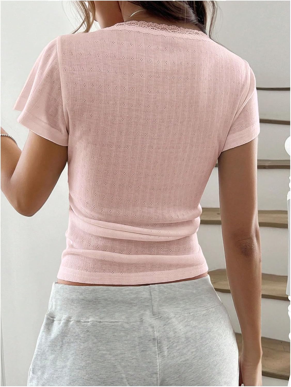 SHENHE Women's Y2k Square Neck Henley Shirt Button Up Lace Trim Short Sleeve Coquette Going Out Top - Image 2