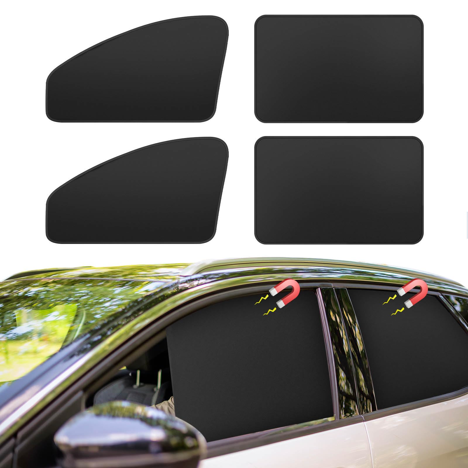 Autovorhänge für Seitenfenster – 4 Stück, verdickte Sichtschutz-Sonnenschutzvorhänge, magnetisch, 100% lichtundurchlässig, Autofensterabdeckungen mit kühlender Wirkung (schwarz-kräftig, 4 Stück)