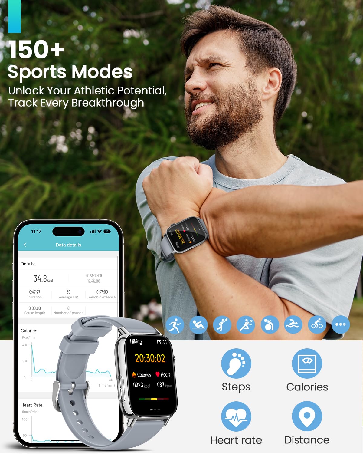 BANLVS Smartwatch Uomo Donna con 𝐆𝐥𝐢𝐜𝐞𝐦𝐢𝐚/𝐇𝐑𝐕/𝐄𝐂𝐆, 1,83" Orologio Fitness con Chiamate, 24H Cardiofrequenzimetro SpO2, Sonno, 150+ Sport, Notifiche Messaggi, IP68 Android iOS Argento