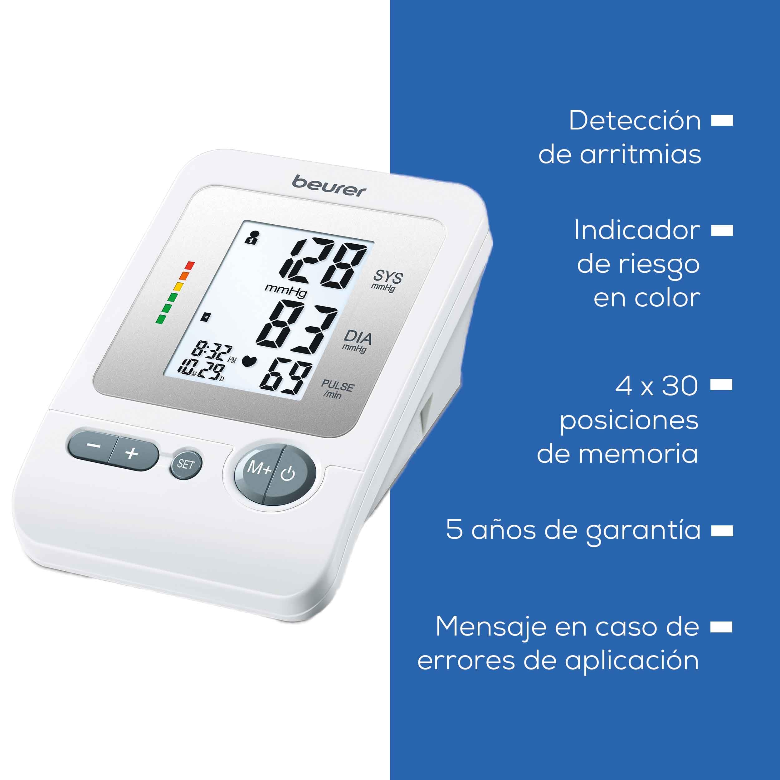 Beurer BM 26 Tensiómetro de brazo con manguito para circunferencias de brazo de 22-35 cm, indicador de riesgo, detección de arritmias, mensaje en caso de errores de aplicación