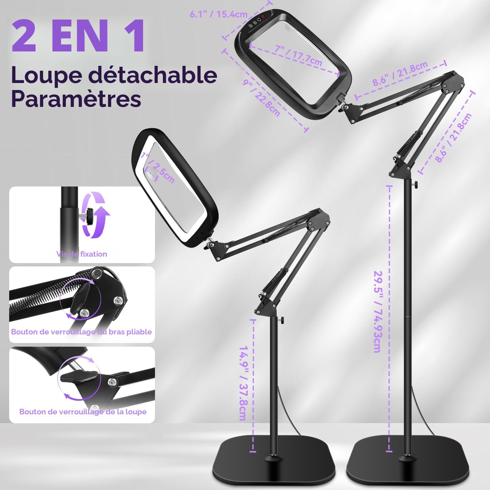 Lampe Loupe avec Lumière et Support 2 en 1 60 LED Luminosité Réglable 5 Modes de Couleur Loupe Éclairée pour Travail de Près