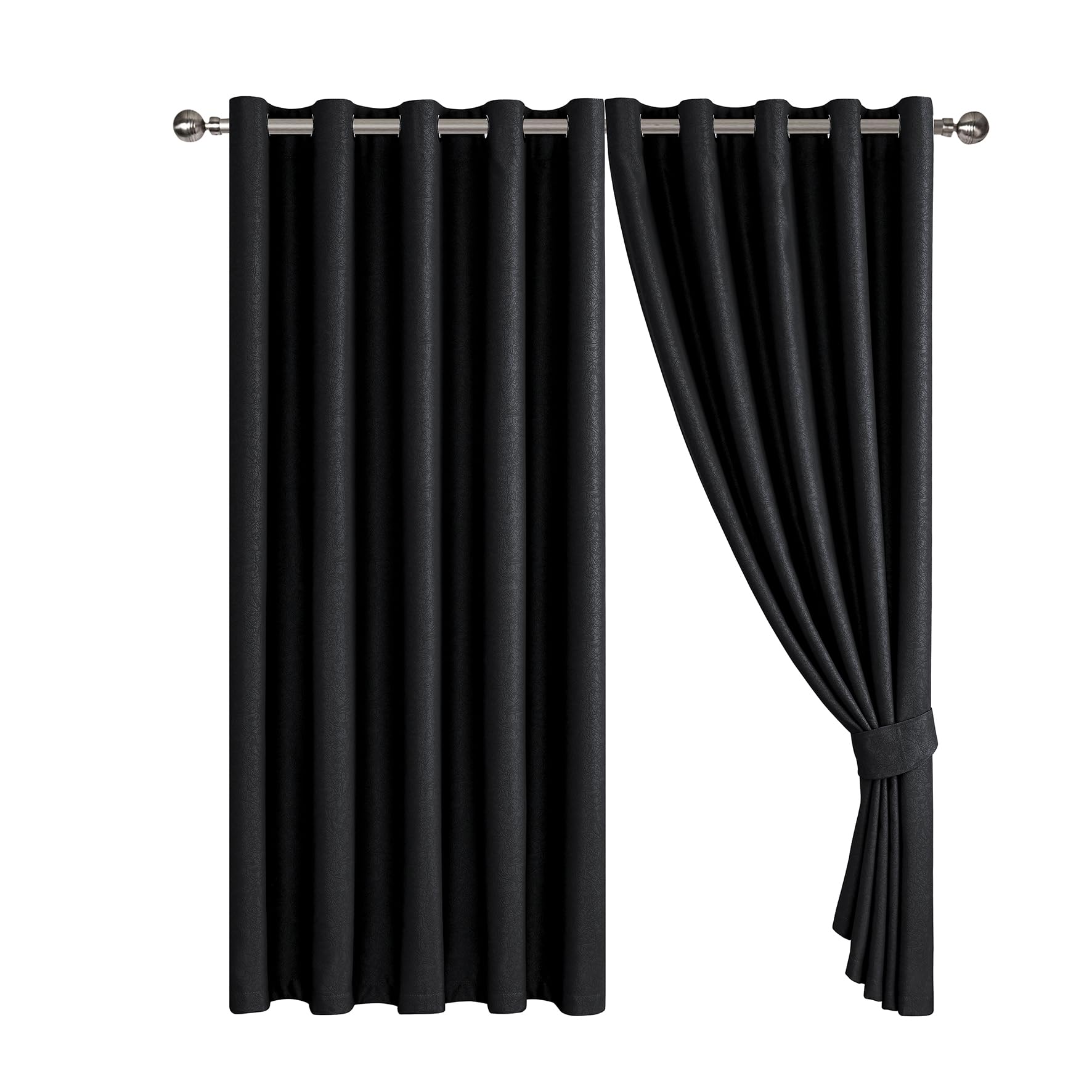 Blackout Curtains Embossed Leaf Jacquard - Polyester Room Darkening Eyelet Grommet Panels, Thermal Insulated Solid Foliage Pattern with Tiebacks Included (Black, 46" x 54" (116 x 137 cm))