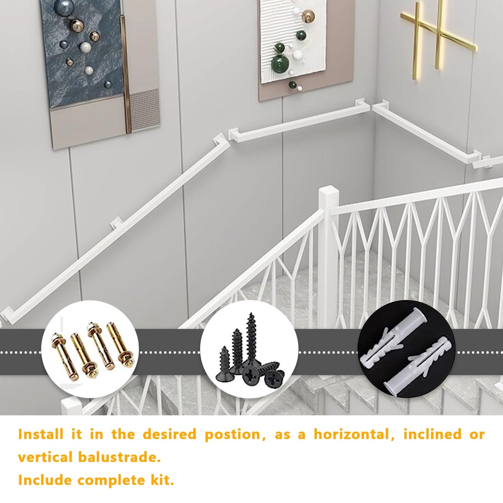 30–600 cm Handlauf für Treppen im Innen- und Außenbereich, Treppengeländer, Handläufe aus Schmiedeeisen, Sicherheitshaltegriff mit Wandhalterungen und Metallschrauben (weiß, 2,6 Fu