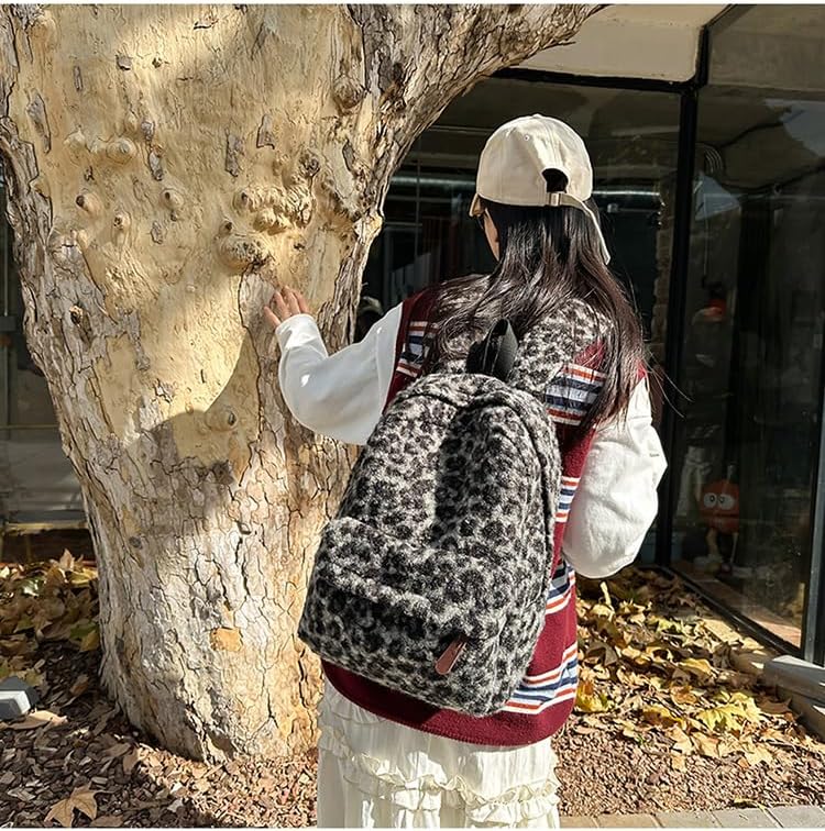 Cute Backpack Fuzzy Cheetah Shoulder Bag, Y2k Purse Fleece Chic Bookbag Trendy Aesthetic Coquette Daypack 90s Purse (Black) - Image 2