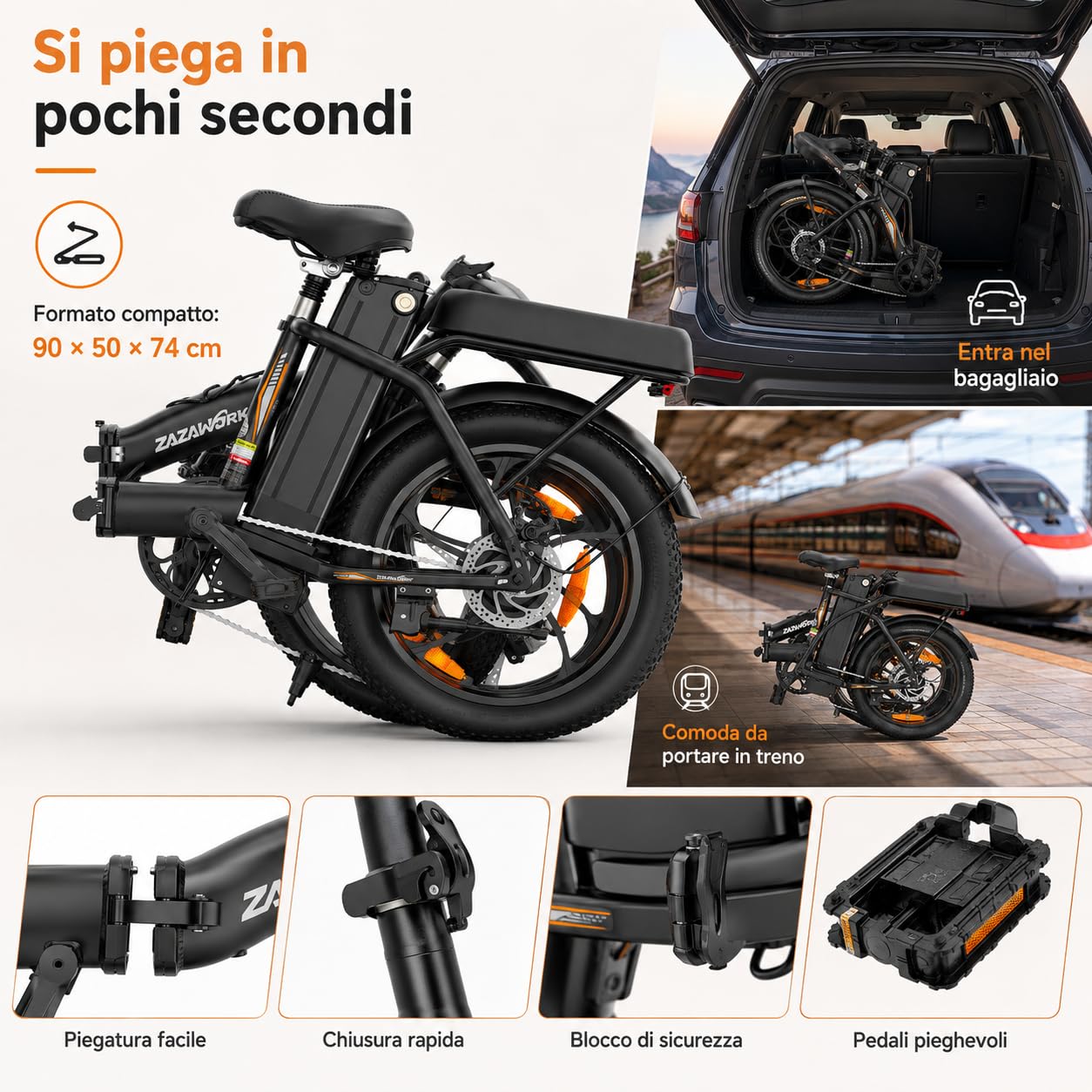 Bicicletta Elettrica Pieghevole 20x3.0, Motore 250W Coppia 47NM, Batteria 48V 16Ah, Velocità Max 25km/h, Autonomia 50-100KM, 7 Marce, Ammortizzatore a Molla e Freni a Disco Meccanici Urbana