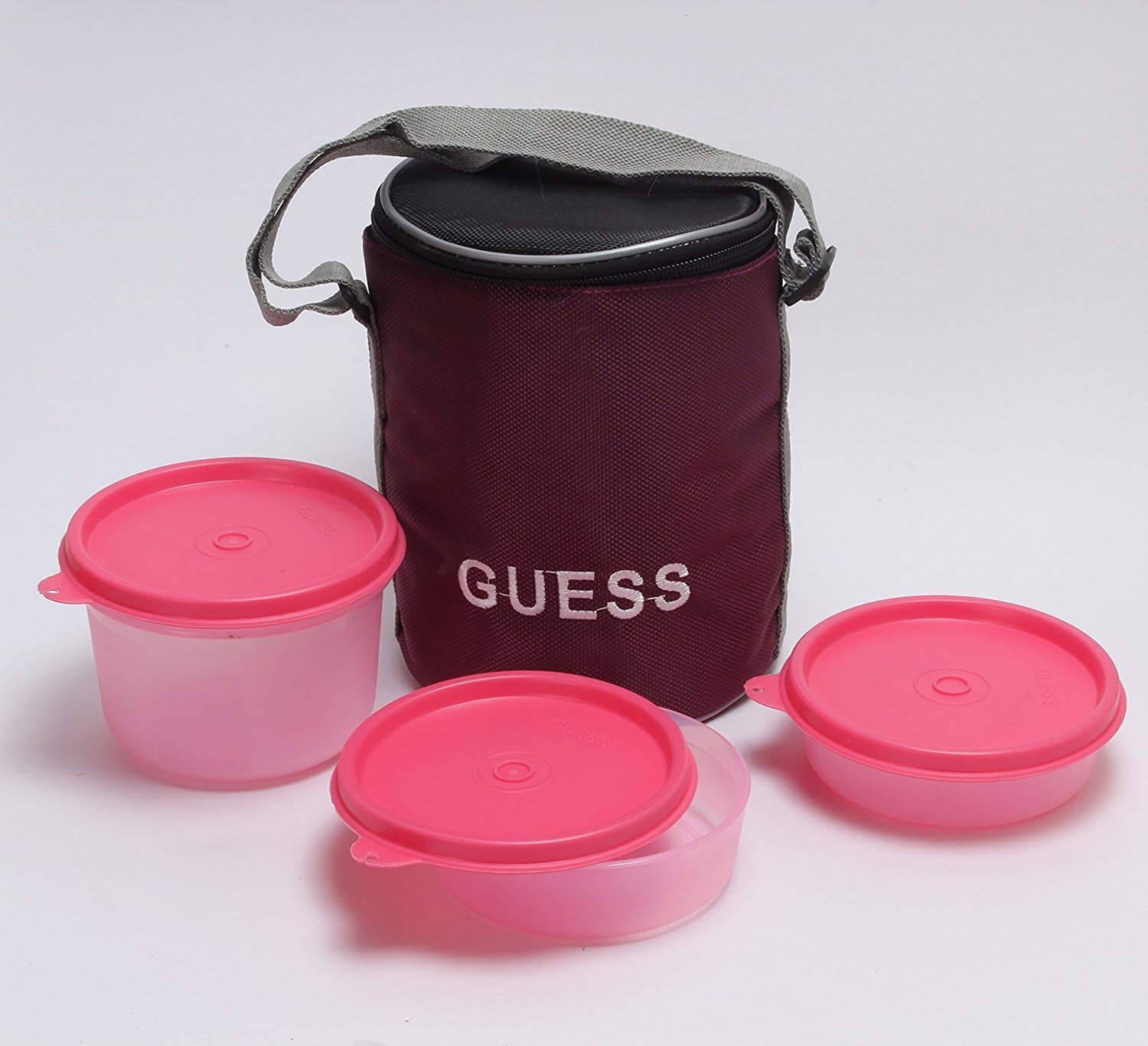 Guess Lunch On 3 Pcs Round Maroon Bag (Blue Containers