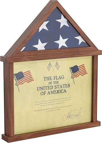 Vista 15 de HBCY Creations Vitrina de bandera con soporte para certificado para bandera de entierro de veteranos estadounidenses de 5 x 9.5 pies, madera maciza