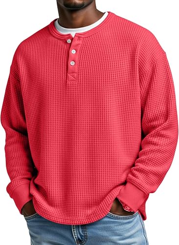 Layered Comfort Waffle Tee Men Button Neck Tops Oversized Long Sleeve
